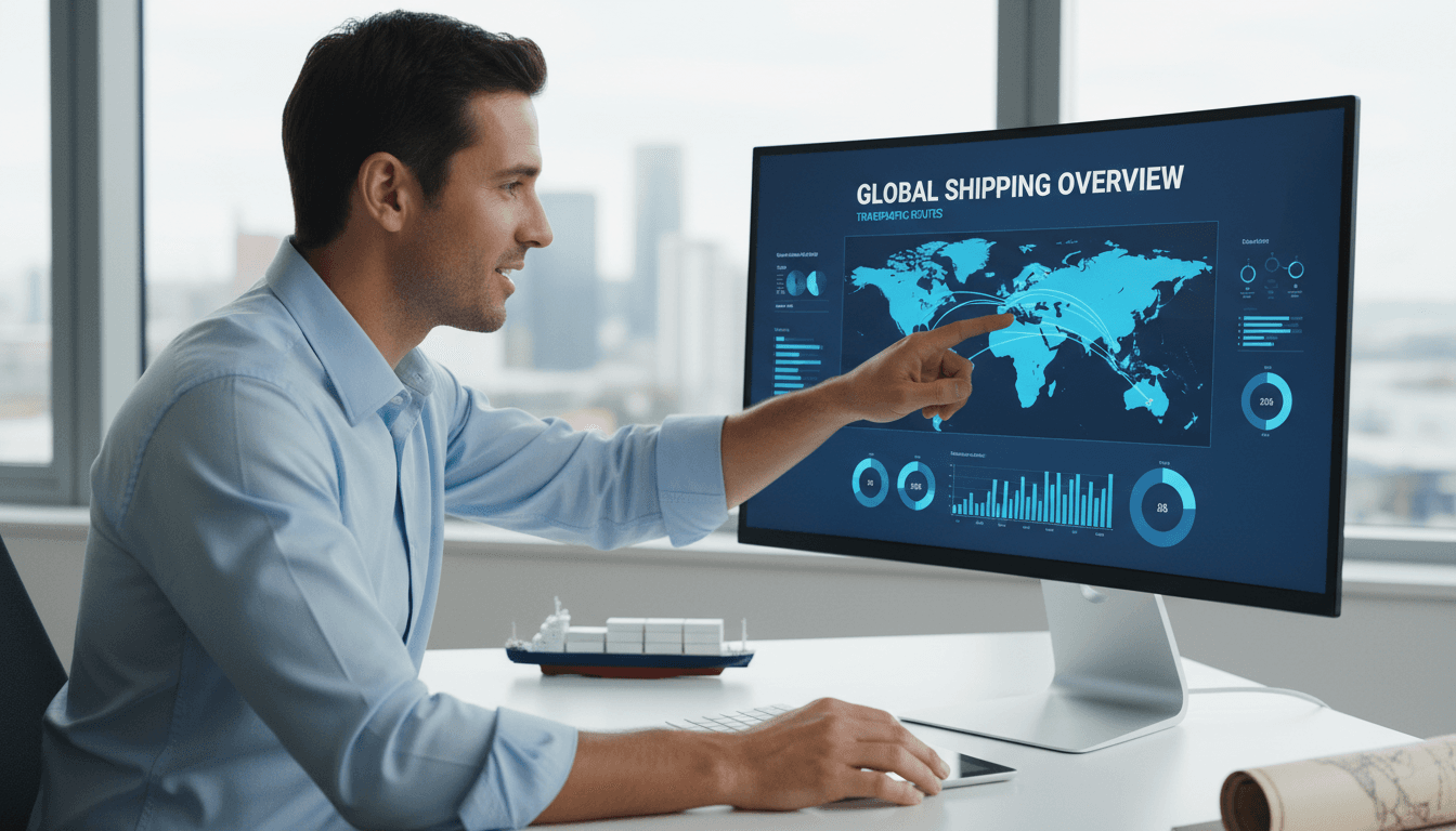 Maritime consultant reviewing transpacific shipping data on computer screen