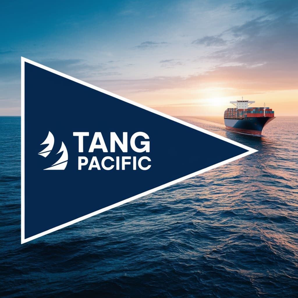 Tang Pacific logo overlaid on a cargo ship sailing across the ocean at sunset.